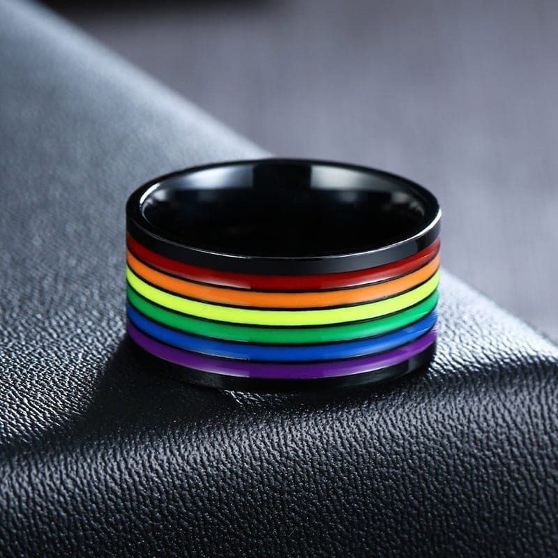 Stainless Steel Enamel Rainbow LGBT Pride Ring For Lesbian Gay Wedding Engagement Bands 10mm Men Gifts