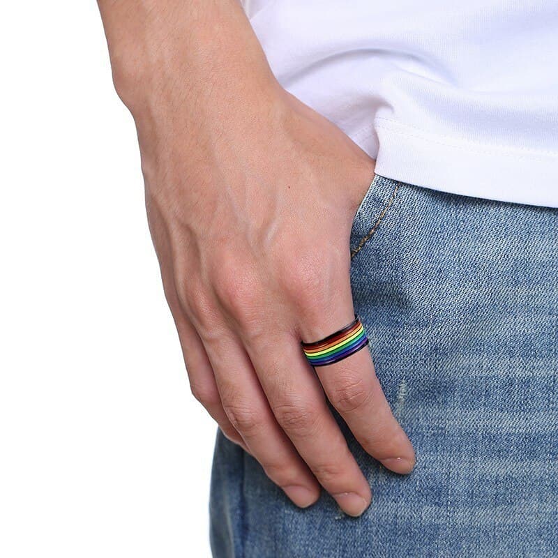 Stainless Steel Enamel Rainbow LGBT Pride Ring For Lesbian Gay Wedding Engagement Bands 10mm Men Gifts