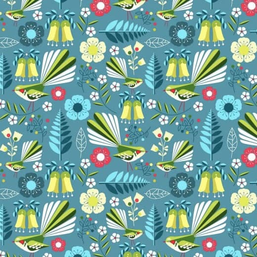 Displays the Kiwiana Fantail Blue fabric used to make the face mask